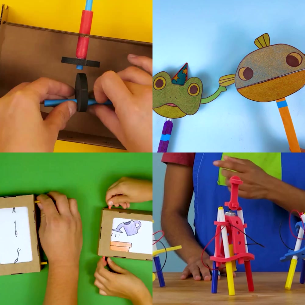 Four Sparks in motion: a scene machine, a monster mouth, a crankie contraption and a drawbot